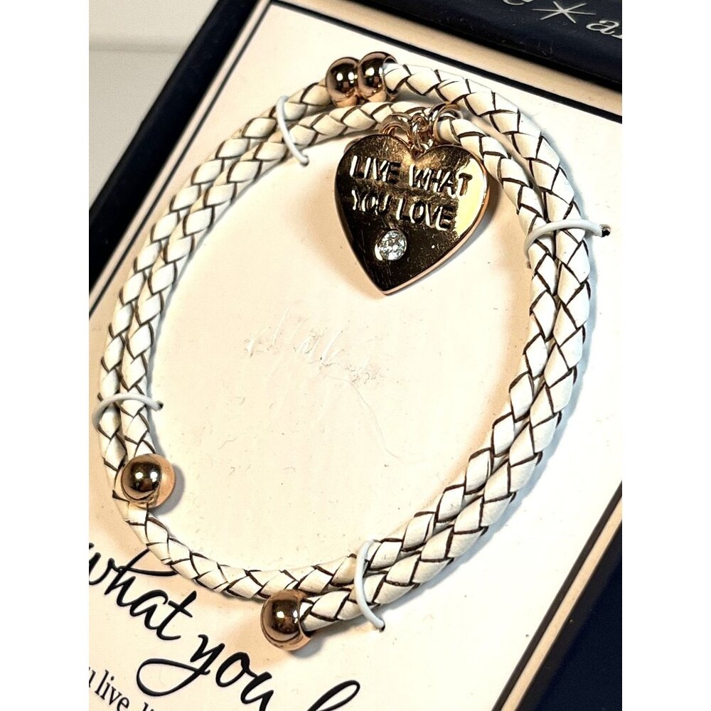 Live What You Love Cubic Zirconia Adjustable Bracelet White Braided Gold Accent